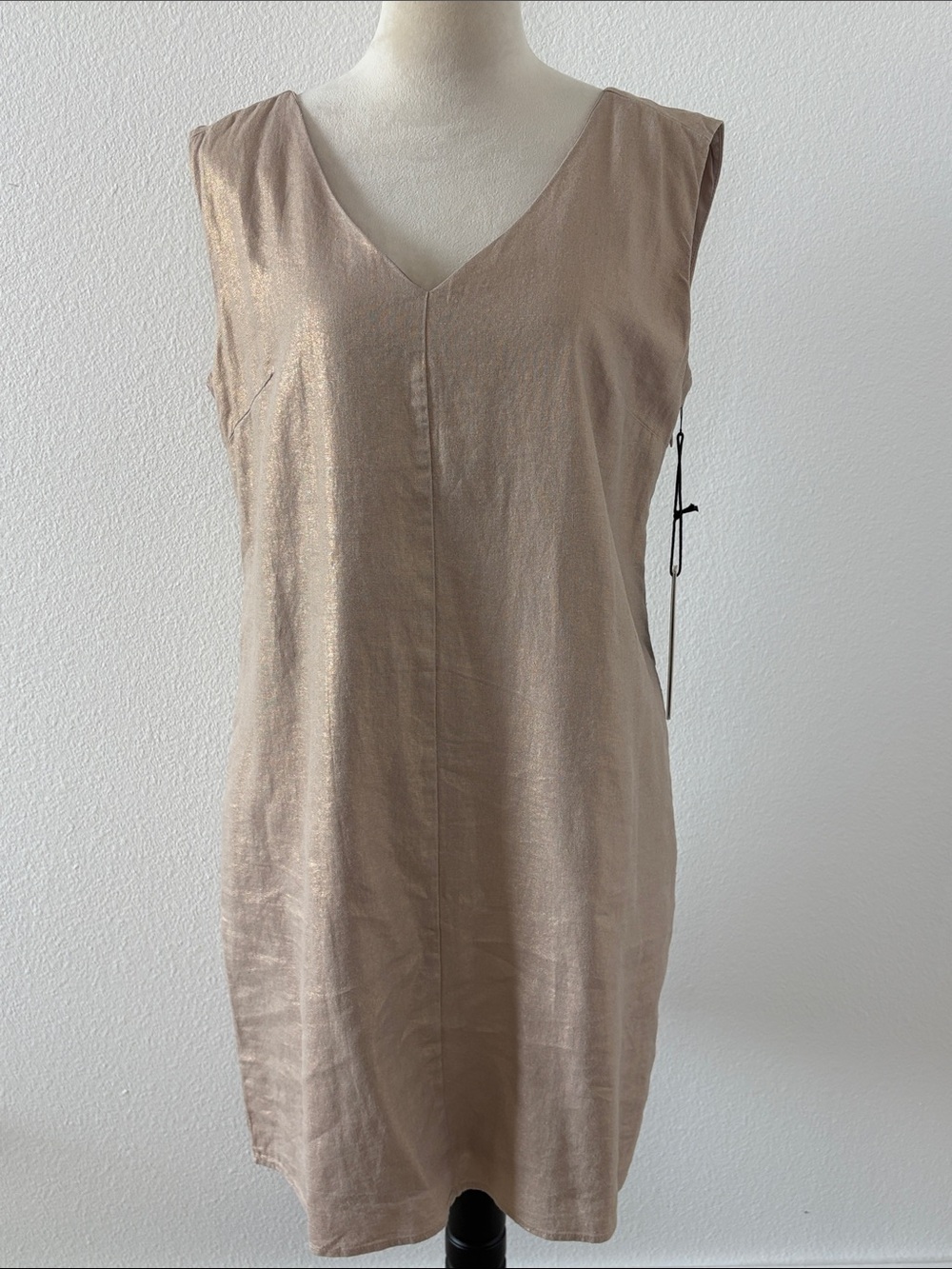 Nicole Miller Sleeveless V-Neck Shift Dress in Shimmering Beige - Picture 1 of 3